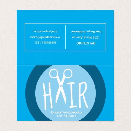 Blue Hairdressers Falted Business Loyalty Card Visitenkarten (Außenseite Aufgefaltet)