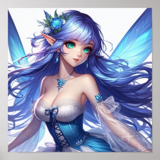 Blue-Haired Tropical Fairy with Emerald Eyes Poster (Vorne)