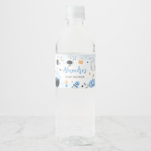 Blue Halloween Baby Shower Wasserflaschenetikett (Vorderseite)