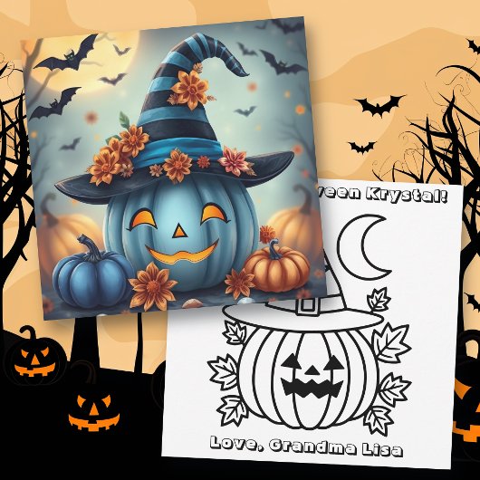 Blue Halloween Pumpkin & Coloring Page Personalize Karte