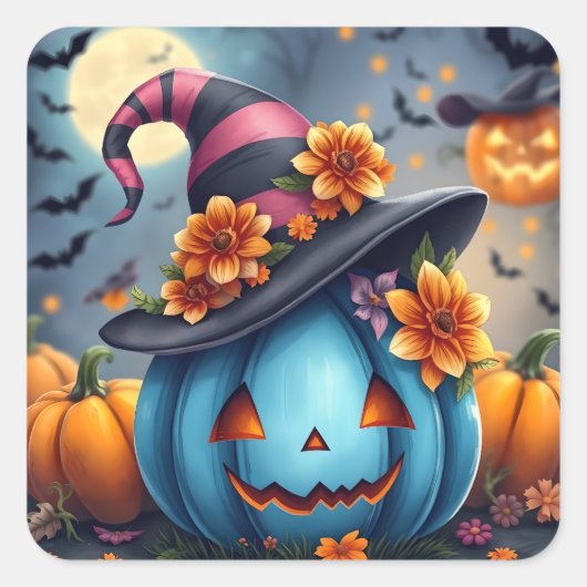 Blue Halloween Pumpkin Jack-o-lantern Quadratischer Aufkleber (Vorderseite)