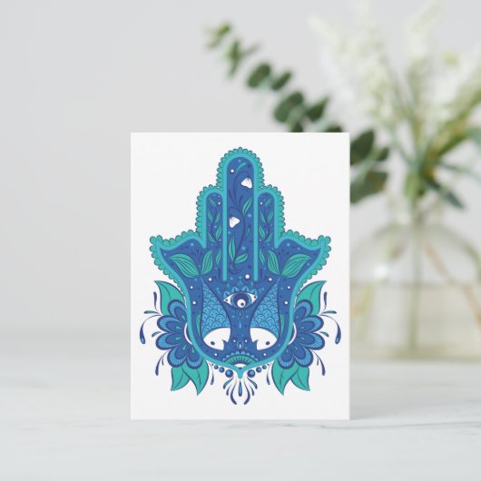Blue Hamsa Design Postkarte (Stehend Vorderseite)