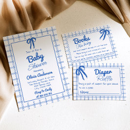 Blue Hand Drawn Bow Gingham Boy Baby Dusche Einladung