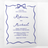 Blue Hand Drawn Bow QR Code Photo Wedding Dreifach Gefaltete Einladung (Innen Erste Seite)