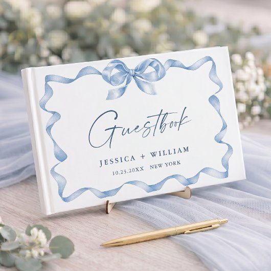 Blue Hand Drawn Bow Ribbon Wedding Gästebuch