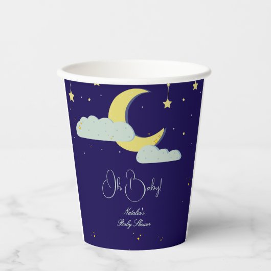 Blue Hand Drawn Celestial Star Moon Baby Dusche Pappbecher (Vorderseite)