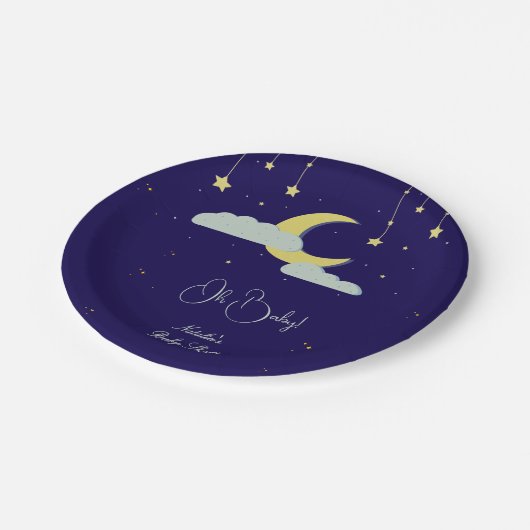Blue Hand Drawn Celestial Star Moon Baby Dusche Pappteller (Schrägansicht)