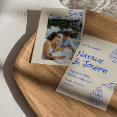 Blue Hand Drawn Champagne Tower Cake Photo Wedding Save The Date