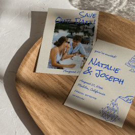 Blue Hand Drawn Champagne Tower Cake Photo Wedding Save The Date