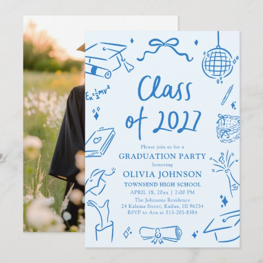 Blue Hand Drawn Class of 2027 Graduation Party Einladung (Vorne/Hinten)