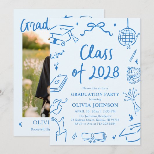 Blue Hand Drawn Class of 2028 Graduation Party Einladung (Vorne/Hinten)