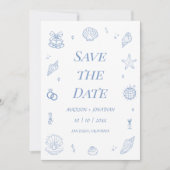 Blue Hand Drawn Coastal Wedding Save the Date Einladung (Vorderseite)
