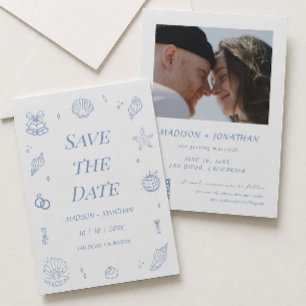 Blue Hand Drawn Coastal Wedding Save the Date Einladung