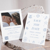 Blue Hand Drawn Coastal Wedding Save the Date Einladung