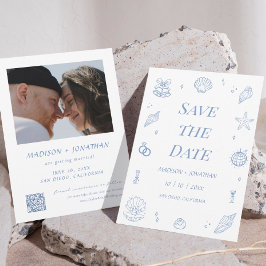 Blue Hand Drawn Coastal Wedding Save the Date Einladung
