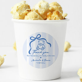Blue Hand Drawn Doodle Bow & Teddy Boy Baby Dusche Runder Aufkleber