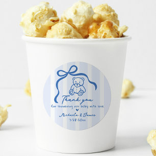 Blue Hand Drawn Doodle Bow & Teddy Boy Baby Dusche Runder Aufkleber