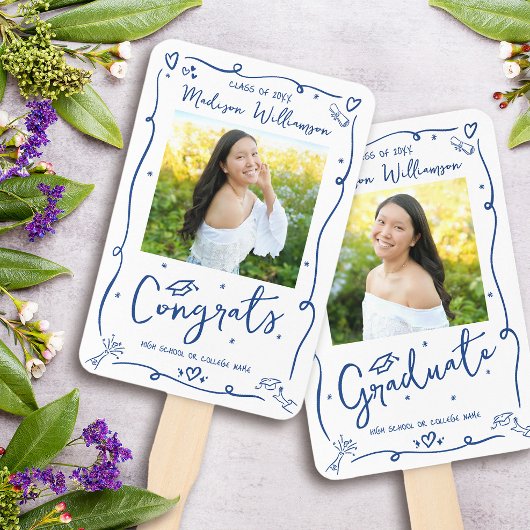 Blue Hand Drawn Doodle Graduation 2 Photo White Fächer