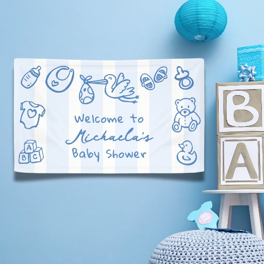 Blue Hand Drawn Doodle Whimsical Baby Dusche Banner