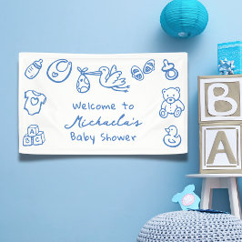 Blue Hand Drawn Doodle Whimsical Baby Dusche Banner