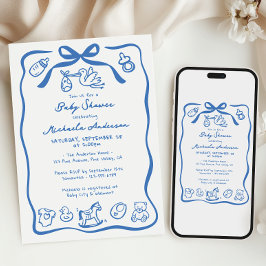 Blue Hand Drawn Doodle Whimsical Boy Baby Dusche Einladung