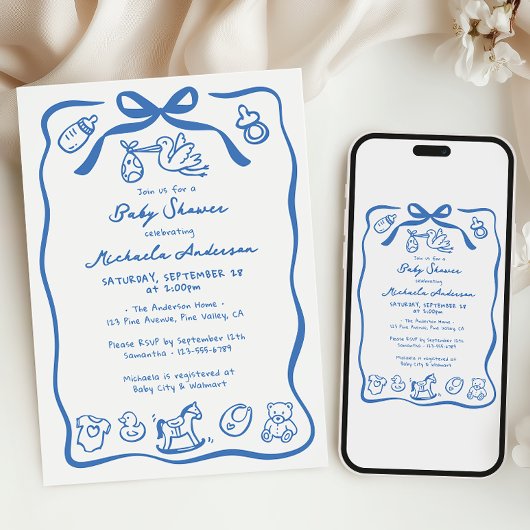 Blue Hand Drawn Doodle Whimsical Boy Baby Dusche Einladung