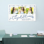Blue Hand Drawn Doodles Graduation 3 Photo White Banner (Messeveranstaltung)