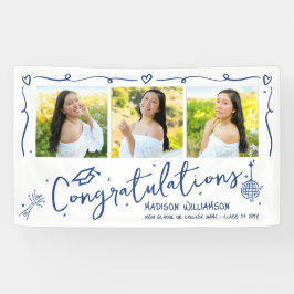 Blue Hand Drawn Doodles Graduation 3 Photo White Banner