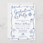 Blue Hand Drawn Doodles Graduation Fun White Party Einladung (Vorderseite)