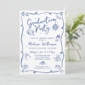 Blue Hand Drawn Doodles Graduation Fun White Party Einladung (Stehend Vorderseite)