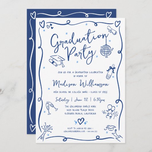 Blue Hand Drawn Doodles Graduation Fun White Party Einladung (Vorne/Hinten)