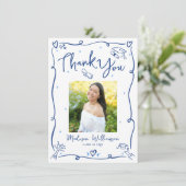 Blue Hand Drawn Doodles Photo Graduate White Retro Dankeskarte (Stehend Vorderseite)