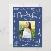 Blue Hand Drawn Doodles Photo Graduation Quirky Dankeskarte (Vorderseite)