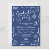 Blue Hand Drawn Doodles Style Fun Graduation Party Einladung (Vorderseite)