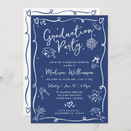Blue Hand Drawn Doodles Style Fun Graduation Party Einladung