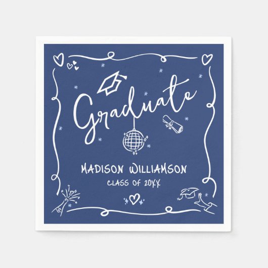 Blue Hand Drawn Doodles Style Graduation Fun Retro Serviette (Vorderseite)