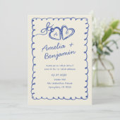 Blue hand drawn heart Whimsical Wedding  Invitati Einladung (Stehend Vorderseite)