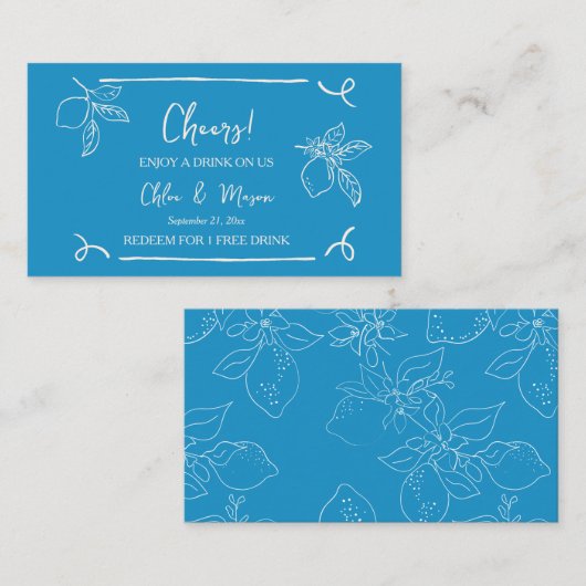 Blue Hand Drawn Lemon Wedding Drink Ticket (Vorne/Hinten)