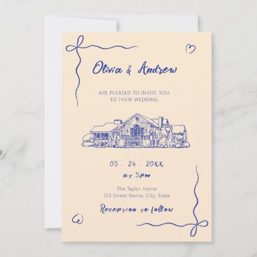 Blue Hand Drawn Sketch Venue Wedding Einladung (Vorderseite)