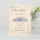 Blue Hand Drawn Sketch Venue Wedding Einladung (Stehend Vorderseite)