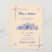 Blue Hand Drawn Sketch Venue Wedding Einladung (Vorne/Hinten)
