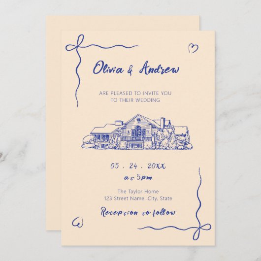 Blue Hand Drawn Sketch Venue Wedding Einladung (Vorne/Hinten)