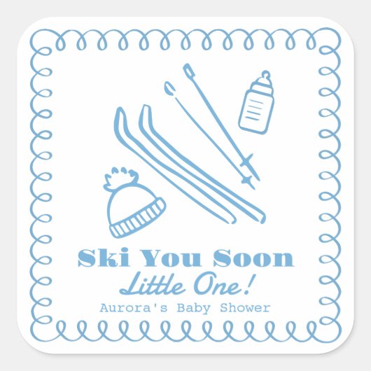 Blue Hand-Drawn Ski You Soon Boy Baby Shower Quadratischer Aufkleber (Vorderseite)