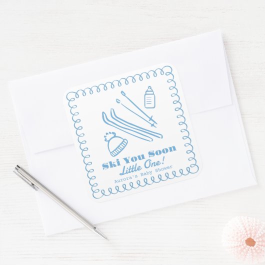 Blue Hand-Drawn Ski You Soon Boy Baby Shower Quadratischer Aufkleber (Umschlag)