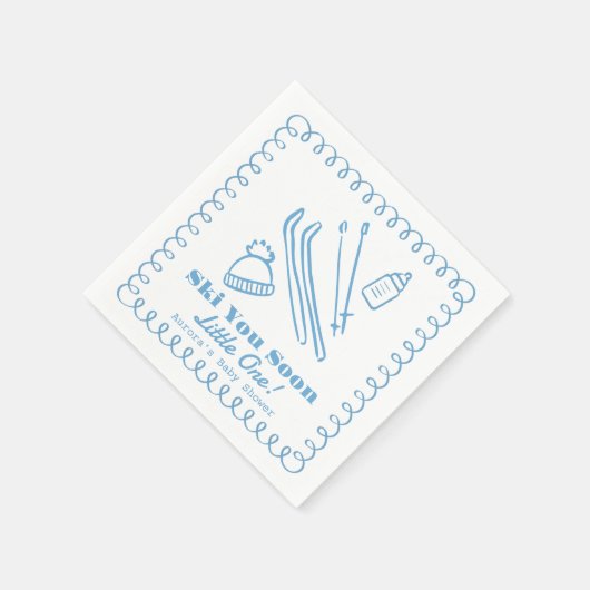 Blue Hand-Drawn Ski You Soon Boy Baby Shower Serviette (Ecke)