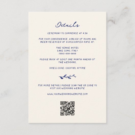 Blue Hand Drawn Wedding Details QR Code Begleitkarte (Vorderseite)