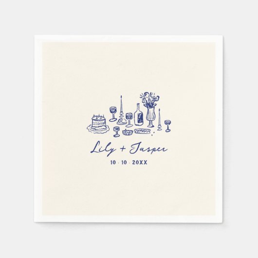 Blue Hand Drawn Wedding Serviette (Vorderseite)