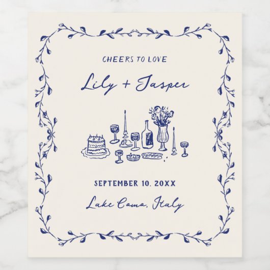 Blue Hand Drawn Wedding Weinetikett (Einzelnes Label)