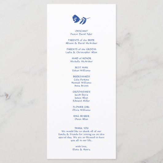 Blue Hand Drawn Whimsical Blume Hochzeitsprogramm Menükarte (Rückseite)