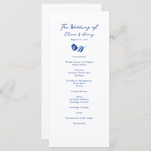 Blue Hand Drawn Whimsical Blume Hochzeitsprogramm Menükarte (Vorne/Hinten)